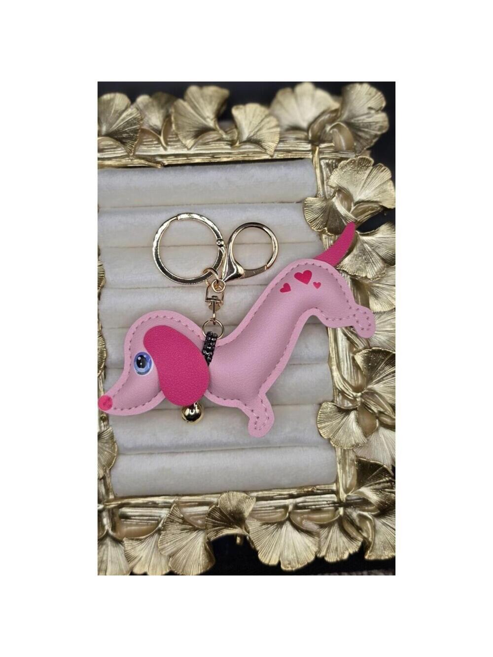 Pink Dog Faux Leather Beaded Key Chain for Women Cute Style Animal Theme